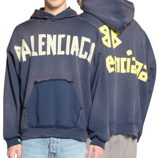 발렌시아가 테이프 로고 RIPPED 포켓 라지핏 후드티 - 사슬공장 【매장 - 리셀가 180만원대】